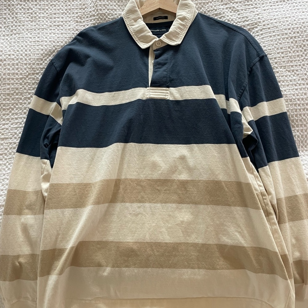 Abercrombie & Fitch Navy and Beige Striped Polo